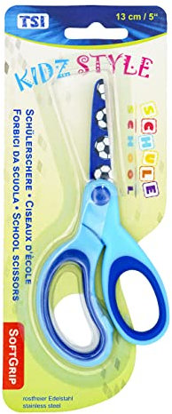 TSI 41804 Schülerschere mit Motiv auf den Scherenblättern, Größe 13 cm, Farbe blau, Motiv Fußball