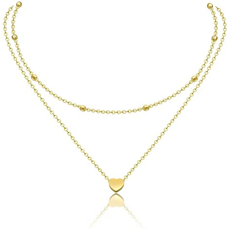 AFSTALR Dam-Layered kedja silver/rosaguld/guld flerskiktshalsband dubbelkedja för kvinnor kulkedja med hjärta, Rostfritt stål,