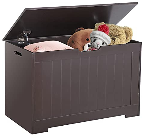 Saturnpower 30 inches Kids Wooden Toy Chest Storage Space with 2 Safety Hinge Modern Decorative Toys Bench Box for Playroom Bedroom Living Room (Brown)