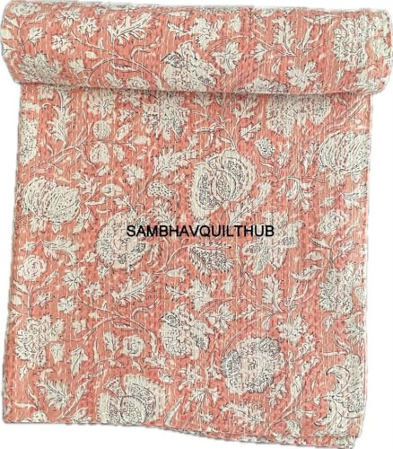 Manta hippie floral hecha a mano con bloques de algodón Kantha acolchada, vintage, tamaño hippie Queen/King, colcha bohemia para decoración de cama (rosa, 90 x 108 pulgadas)