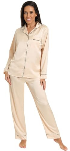 ThePyjamaFactory Damen-Pyjama-Set, goldfarben, lang, für den Sommer, Zweiteiliger Pyjama für Damen, Seidenpyjama (8–10)