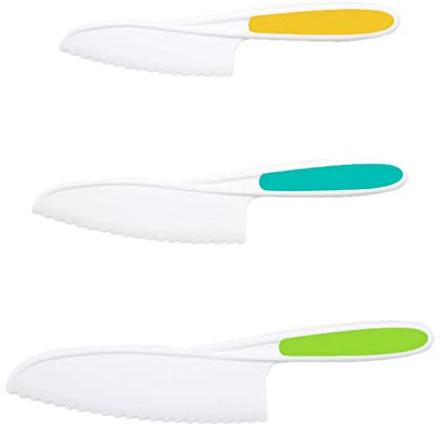 Knivar för barn, barnkniv, 3 st säkerhetsknivar i plast, säker skärare, nylon kökskniv, säkra matlagningsknivar, barnknivar, plastköksknivset, vänliga knivar för frukt kakmat