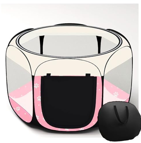 Floving Portable dog fence Foldable Pet playpen Delivery Room Cat enclosure Cat Pregnant Closed Pet Tent Dog Breeding Delivery Box with carrybag (M, Pattern Pink)