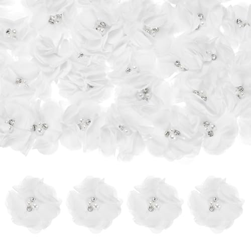 M METERXITY 50-Pack White Rhinestone Pearl Chiffon Elegant Classic 2.17 x 2.17 Inch Mesh Fabric Flowers Full Chiffon Flowers Hair Clips Flower for Home Decor/Wedding/Headbands/DIY/Party/Garden