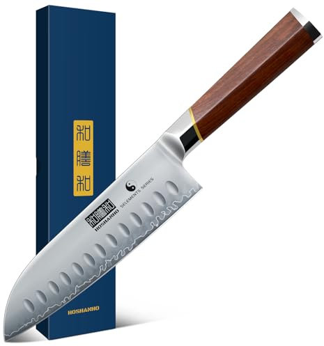 HOSHANHO Coltello da cucina Santoku da 7 pollici, coltello santoku giapponese professionale in acciaio super tagliente, coltello da cucina ultra affilato con manico ergonomico in legno di sandalo