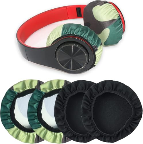 4 Piezas Almohadillas Auriculares, Fundas Elásticas Lavables para Auriculares, Fundas para Auriculares Tela, Protección contra el Sudor para Gimnasio, Juegos (9-11 cm, Negro + Camuflaje)