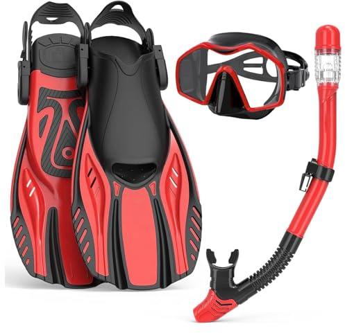 Set da snorkeling per adulti con pinne, maschera da snorkeling con pinne regolabili, boccaglio a secco, vista panoramica, occhiali da nuoto e snorkeling, attrezzatura per snorkeling, immersioni, nuoto
