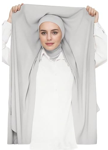 Lina & Lily Hijab Mousseline Femme à Enfiler avec Ninja Bonnet Cagoule Jersey Intégré (Gris Clair)