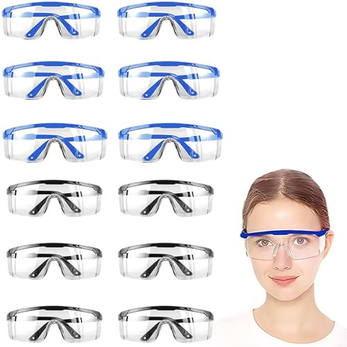 JazRvr Lot de 12 lunettes de protection transparentes pour porteurs de lunettes, pour le travail, le laboratoire, la chimie et les activités de plein air, protection des yeux pour adultes et enfants