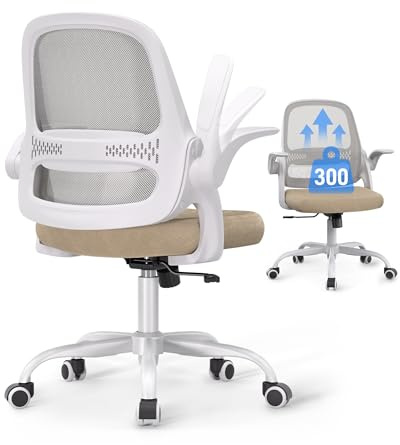 Ergonomic Mesh Office Chair for Home Office, Flip-Up Arms, Breathable Mesh Back & Thick Seat Cushion, Swivel Rolling Computer Desk Chair – BIFMA Certified, Supports 300 lbs (White Frame/Beige Seat)