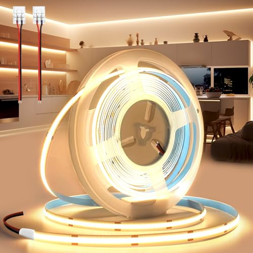 BRIMETI COB LED Strip 12V 5M LED Remsa Varmvit 3000K 320LEDs/m Flexibel High Density IP20 Självhäftande Band för Sovrum kök TV-bakgrundsbelysning Hem Inredning med LED-bandskontakt DIY Dekoration