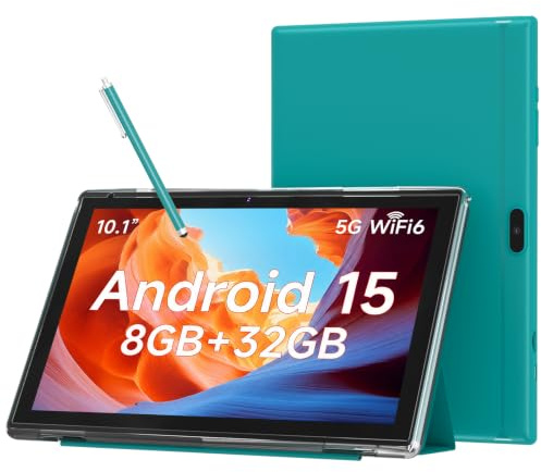 10 Inch Android 15 Tablet, 8GB RAM 32GB Storage Tablets, 10.1 HD IPS Display, 5G WiFi-6, Tablets with 6000mAh Battery, Dual Camera for Video Call, Android Tablet with Case & Stylus Pen for Work/Study