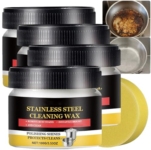 Detergente e lucidante per acciaio inossidabile, crema lucidante per metalli e antigraffio per acciaio inossidabile, cera detergente per pentole e padelle, rimuove graffi da ruggine (4PCS)