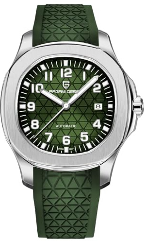 Pagani Design - Reloj mecánico automático para hombre, octogonal, caja de acero inoxidable, movimiento japonés 8215, correa de caucho fluorado, impermeable, casual, reloj deportivo con fecha
