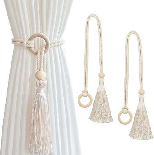 BSITSSS 2 PCS Alzapaños Cortinas, Moda Recoge Cortinas, Ajustable Sujeta Cortinas, Abrazaderas Cortinas Fleco Botón Redondo de Madera, Soporte Decorativo para Cortinas para Dormitorio Salón y Oficina