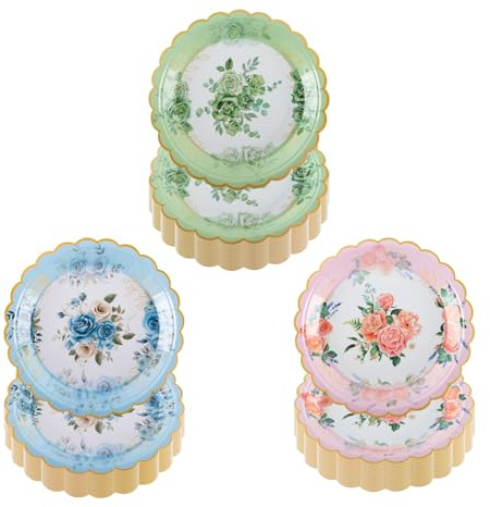 CEILIWEN 7 Inch Vintage Floral Paper Plates in Blue, Pink & Green, 60 Pack Elegant Party Plates for Afternoon Tea, Wedding, Baby Shower & Birthday