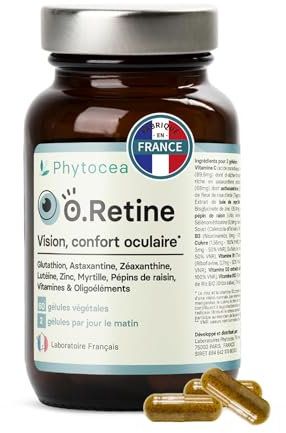 Phytocea - O.Retine | Complément Alimentaire Pour le Confort Visuel & la Vision Nocturne | Lutéine, Glutathion, Vitamines | Antioxydants Pour Yeux Secs et Irrités | 60 Gélules | Fabriqué en France