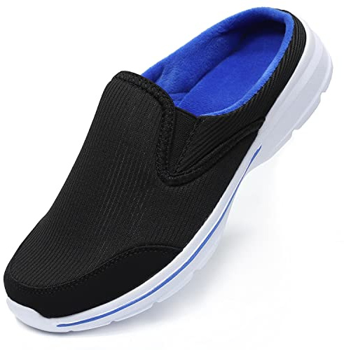 Unisex Slippers Casual Clog House Shoes Comfort Slip-On Walking Mules with Indoor Outdoor Anti-Skid Sole for Men and Women, Black Blue Plush, 9 UK