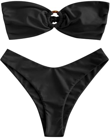 ZAFUL Women's Bandeau Bikini O Ring Strapless Tie Back High Cut Two Piece Swimsuit Bathing Suits (1-Black, S)