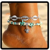 Cavigliera tartaruga Carufin Starfish Cavigliere a doppio strato turchese conchiglia con perline Accessori estivi Gioielli per piedi da spiaggia regolabili per donne e ragazze