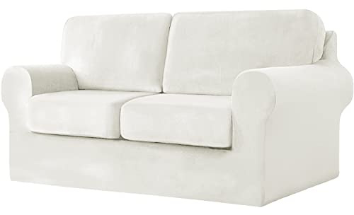 jianyana Ektorp Sofa Covers, Sofa Cover 2 Seater Stretch Velvet Sofa Cover T-shaped Couch Slipcover with Elastic Adjustment Band with Cushions and Backrests Covers (White, 2 Seater-5Pieces)