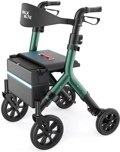 WALK MATE Andador con ruedas para personas mayores de 5.3 a 7 pies con asiento ajustable en altura, ruedas de 10 pulgadas, diseño plegable compacto, ligero, ayuda para caminar, respaldo ampliado,