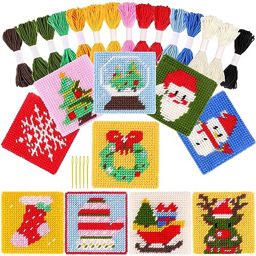 Pllieay Natale 10 in 1 Kit per principianti del punto croce per bambini, include 10 schemi diversi, 10 tele di plastica stampate per il lavoro ad ago, set di cucito iniziale per il punto ad ago