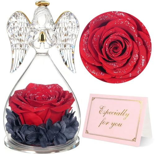 Yamonic Rosa Eterna Regalo Originale para Mujer,Rosa Preservada con Figura Ángel Regalos para Mamá,Regalos Cumpleaños Mujer Abuela,Flore Eterna Regalo Navidad San Valentin Dia de la Madre