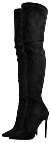 blingqueen Damen Overknee Stiefel Stiletto High Heels Spitze Thigh Boots Stretch Faux Suede Schwarz 38 EU