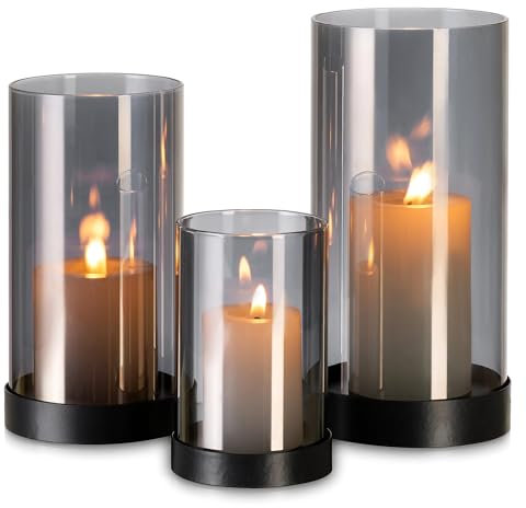 Romadedi Windlicht Glas Kerzenständer Kerzenhalter：3er Set Schwarz Windlichter Für Tischdeko Esstisch Stumpenkerzen Kerzenglas Gross Glaszylinder Für Kerzen Outdoor Hochzeit Wohnzimmer Deko