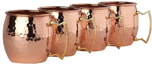 GRAINEX ENGINEER Taza de cobre puro martillado Moscow Mule con mango dorado para fiestas, utensilios de bar, 16 onzas cada una, juego de 4