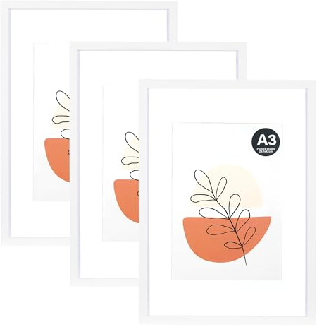 KAIWIN Marco de fotos blanco A3, juego de 3-21 x 30 cm (A4) con paspartú, marco de fotos con cristal acrílico para colgar, para fotos, carteles, rompecabezas, marco de póster