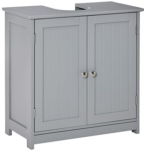 kleankin Meuble Salle de Bain sous lavabo - Meuble sous-Vasque - Placard 2 Portes avec étagère - dim. 60L x 30l x 60H cm - en Bois Gris
