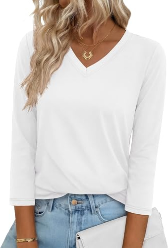 YUCOLEN 3/4 Length Sleeve Womens Tops V Neck T Shirts Dressy Casual Blouses for Women Summer Clothes Cotton Basic Tees White Large