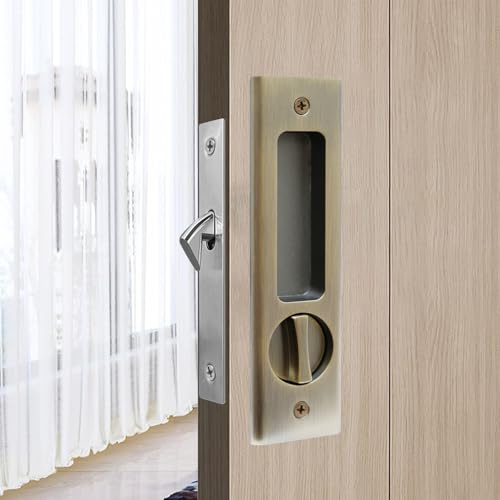 mvuenleyog Sliding Pocket Door Lock,Sliding Door Latch with Turn Knob for Interior Wooden Door,6.3in/160mm,Invisible Recessed Door Handle (Aeneous)