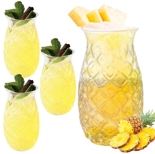 WANDGU Juego de 4 Vasos Transparentes de Piña: 400 ml, con Relieve, Reutilizables para Cócteles y Jugo, Largos, Perfectos para el Hogar en Verano