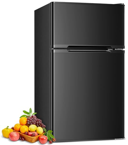 COWSAR 3.2 Cu.Ft Fridge with Freezer, Double Door Compact Fridge for Bedroom, Adjustable Thermostat, Energy-efficient Low Noise Small Refrigerator For Dorm, Office, Bar, RV, Bedroom,Commercial