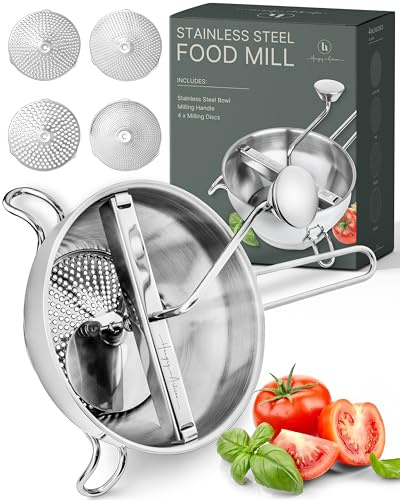 Premium 4-Disc Stainless Steel Food Mill – Ergonomic Rotary Hand Crank for Tomato Sauce, Canning, Applesauce, Baby Food, Mashed Potatoes, Puree & Jams