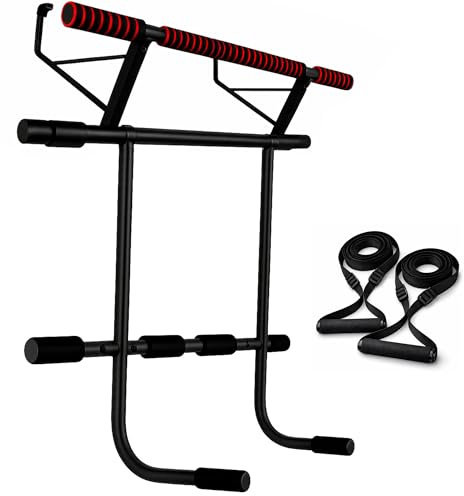 OcioDual sBarra per Trazioni con Stazione Dip e Cinghie di Sospensione, Barra per Trazioni da Porta Maniglie Elastiche e Antiscivolo in Schiuma, Pull Up Bar Door, Dips