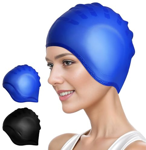 Bonnet de Bain Protection Oreille 3D, 2 Pièces Bonnet de Bain en Silicone, Bonnets de Bain Etanche, Durable et Flexible, Bonnets de Natation pour Femme et Homme, Bleu et Noir