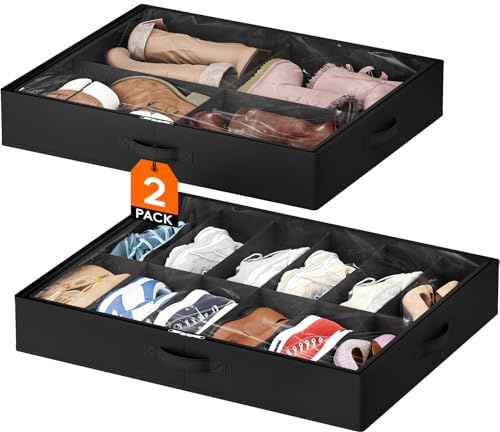 Lifewit Bolsas de Almacenamiento para Zapatos con Ventana Transparente, Cajas Almacenaje Zapatos Plegables Debajo de la Cama con Asas, Organizador Zapatos, Negro, 1 x 12 + 4 Pares