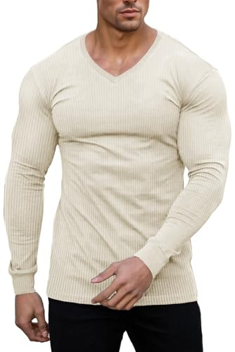 Muscle Cmdr Maglietta Termica a Maniche Lunghe con Scollo a V,vestibilità Slim da Uomo,Casual, a Coste,Leggera e Intima Beige M