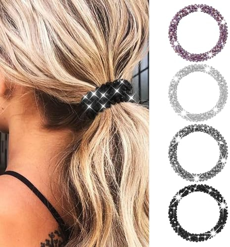 CharmBurst 4 Piezas Coleteros Elásticos con Brillantes Diademas de Cristal Set de Accesorios para el Cabello de Perlas para Mujeres y niñas