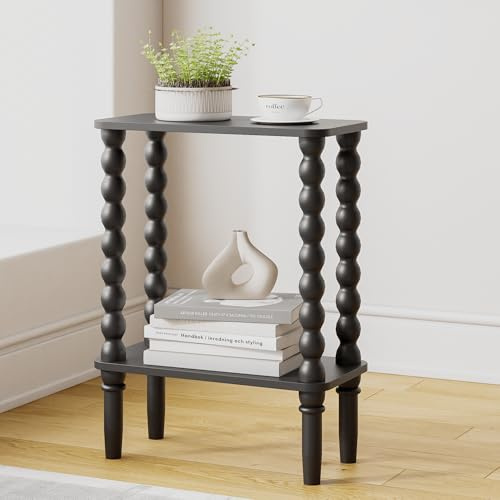 JERX 2-Tier Wooden Side Table, Narrow Nightstand with Open Wood Shelf, Bedside Table for Small Spaces, Bedroom, Living Room, Accent End Table with Solid Wood Legs Black