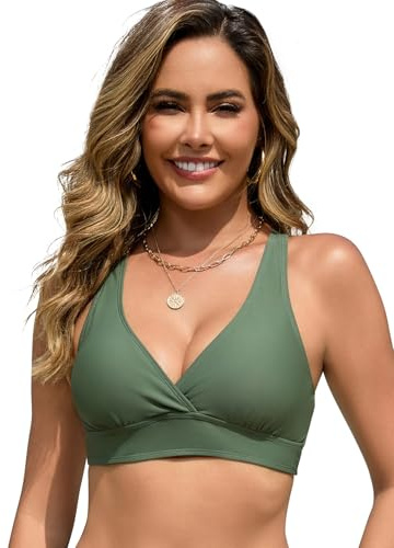 SHEKINI Women's Adjustable Straps Padded Bikini Top Only(Olive Green,L)