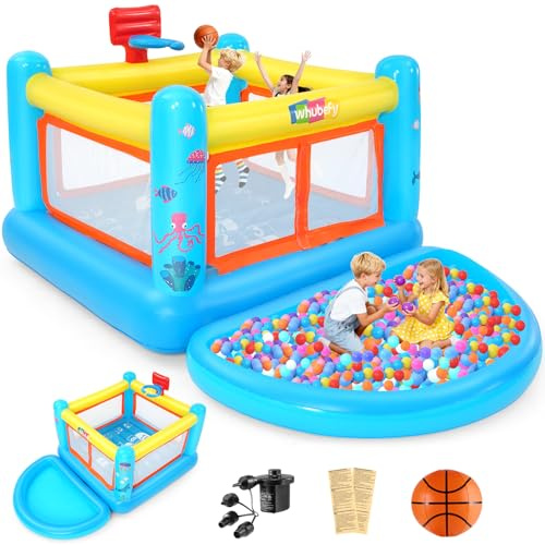 Château Gonflable - 270 x 172 x 128 cm - Série océan - Château Gonflable pour Enfants - en PVC - Design océan - avec Petite Piscine à balles et Panier de Basket
