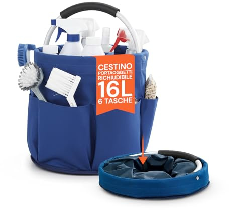 Avilia Secchio Pieghevole Multiuso 16 Litri - Organizer con 6 Tasche Esterne Porta Detersivi - Cesto Salvaspazio Impermeabile per Pulizie Casa, Lavaggio Auto e Campeggio - Design Compatto e Robusto