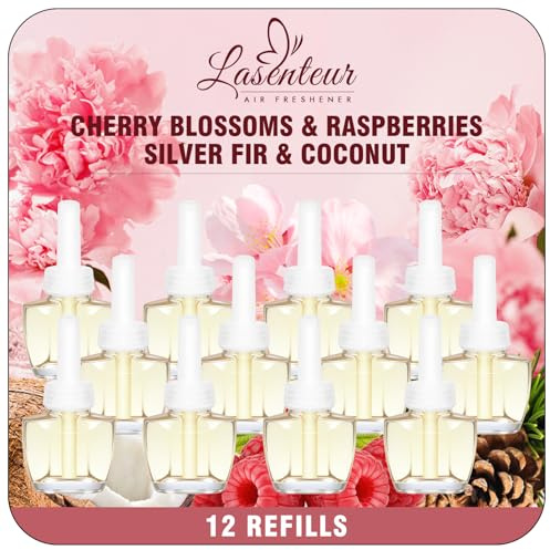 LASENTEUR Recarga de 12 x 19 ml, compatible con Air Wick y Glade, ambientador para el enchufe, frasco de aceite aromático con flor de cerezo, frambuesa, abeto plateado y coco