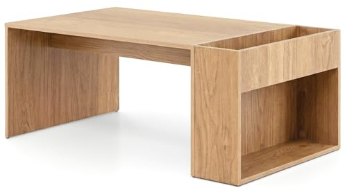 Multigot Coffee Table, Modern Cocktail Snack Tea Center Table with Storage Grid and Shelf, Wooden Rectangular Sofa Side Table for Living Room Bedroom Office, 85x50x34cm (Natural)