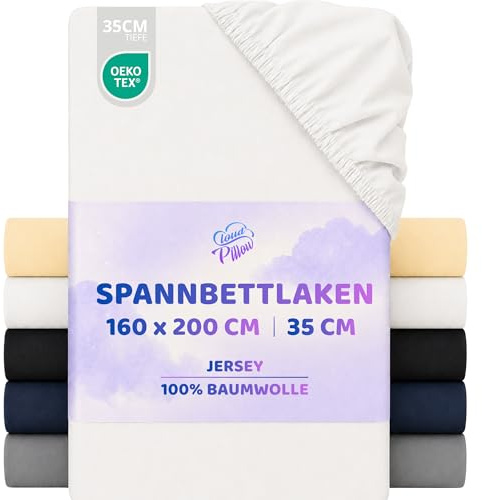 Cloud Pillow Dra-på-lakan 160x200 cm, jersey för höga madrasser och daglig sovkomfort - 100% bomull, resår runt om - upp till 35 cm, 160 g/m², OEKO-TEX Standard 100